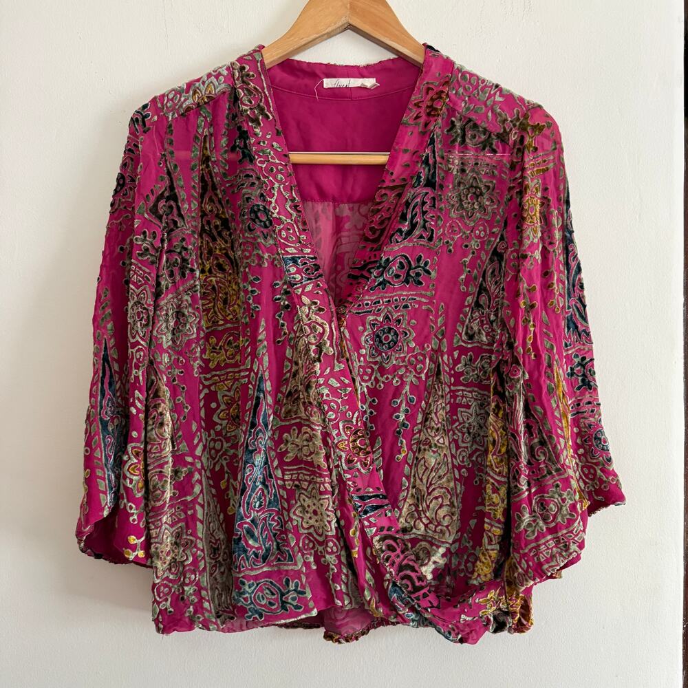 FLOREAT | Pink Silk Blend Burnout Velvet Drape Faux Wrap Top Bell Sleeves Medium